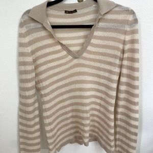 Loro Piano 100% Cashmere Beige and Cream Striped Collared Sweater, Euro Size 42